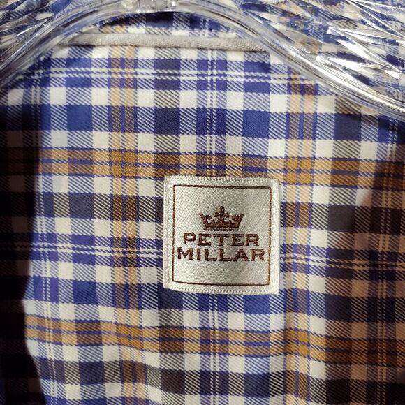 Peter Millar Shirt Mens Large Tan Blue Plaid Lightweight Collared Button Down - Picture 8 of 10